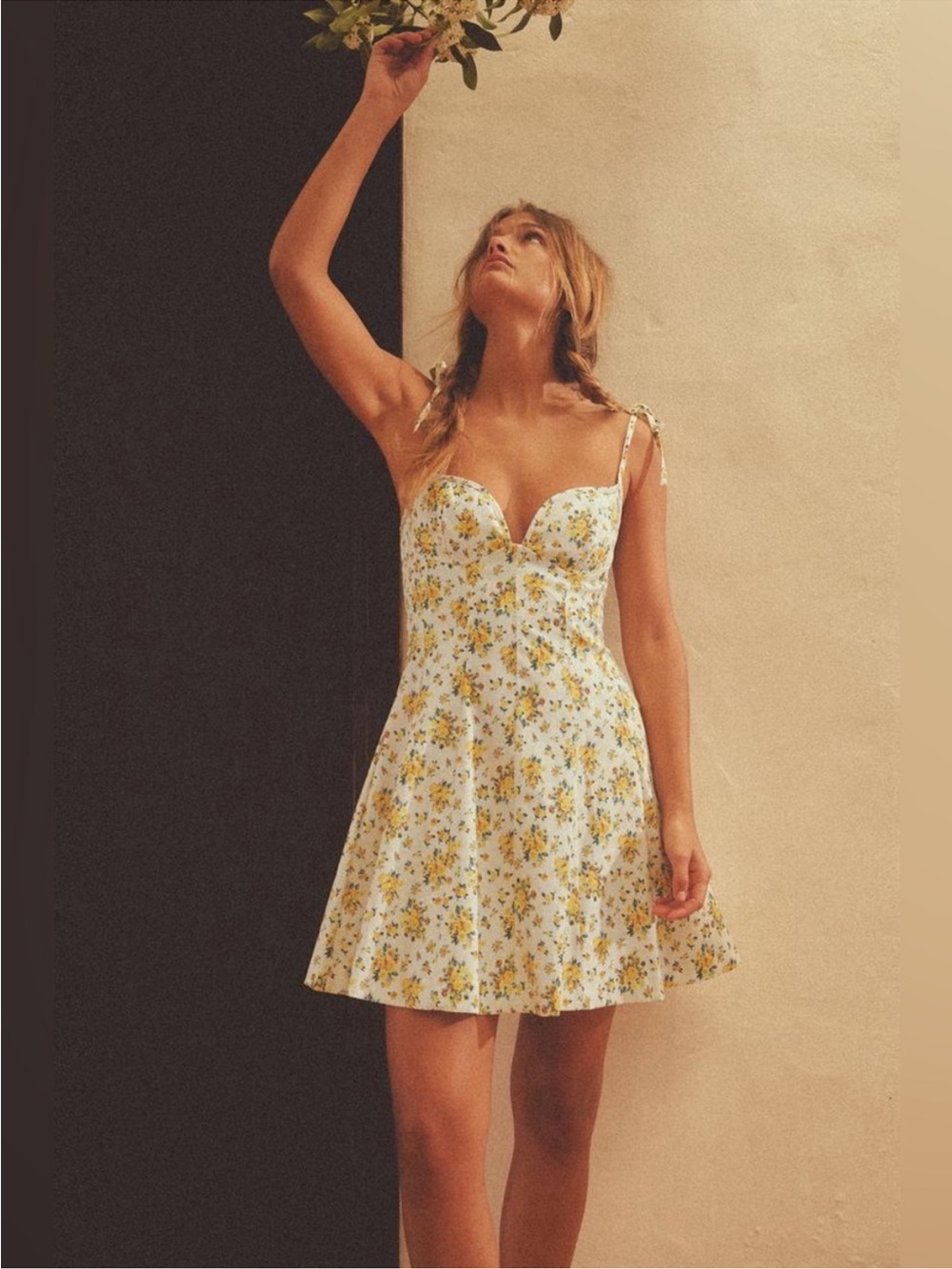 Zara Spring Summer Floral A line Dress Yellow White Tie Shoulder Womens Medium